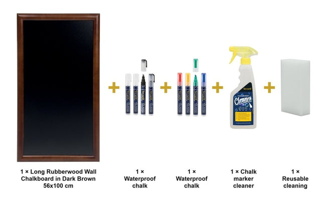 Securit® Long Rubberwood Wall Chalkboard in Dark Brown 56x100 cm Chalkboard Set – Board + Waterproof Markers + Cleaner | Hospitality Trade Pack - hospitality