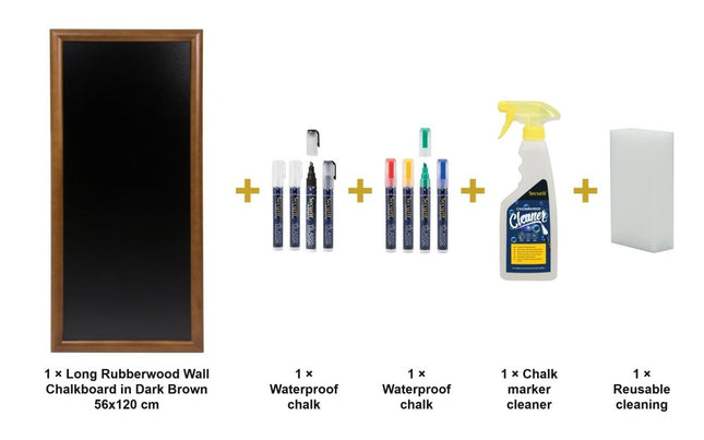 Securit® Long Rubberwood Wall Chalkboard in Dark Brown 56x120 cm Chalkboard Set – Board + Waterproof Markers + Cleaner | Hospitality Trade Pack - hospitality