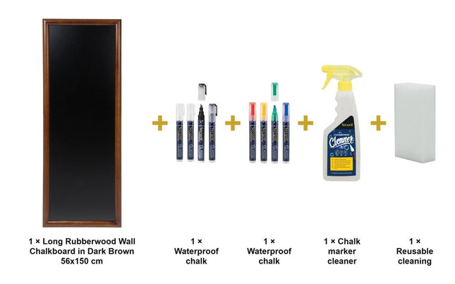 Securit® Long Rubberwood Wall Chalkboard in Dark Brown 56x150 cm Chalkboard Set – Board + Waterproof Markers + Cleaner | Hospitality Trade Pack - hospitality