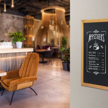 Securit® Long Rubberwood Wall Chalkboard in Teak 56x100 cm Chalkboard Set – Board + Waterproof Markers + Cleaner | Hospitality Trade Pack - hospitality