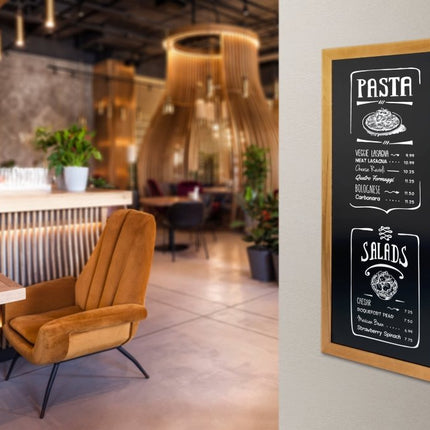 Securit® Long Rubberwood Wall Chalkboard in Teak 56x120 cm Chalkboard Set – Board + Waterproof Markers + Cleaner | Hospitality Trade Pack - hospitality