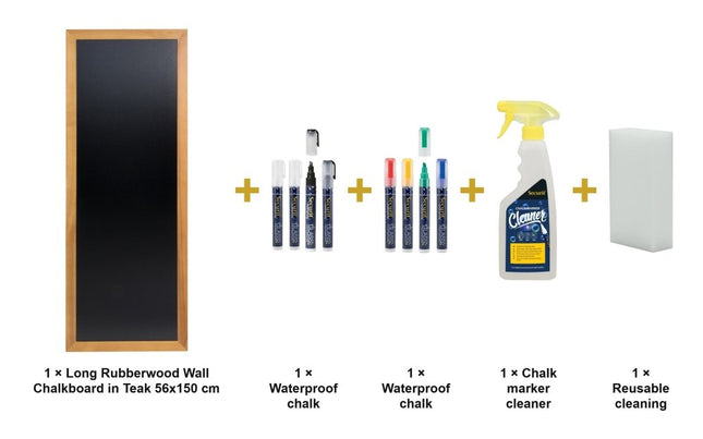 Securit® Long Rubberwood Wall Chalkboard in Teak 56x150 cm Chalkboard Set – Board + Waterproof Markers + Cleaner | Hospitality Trade Pack - hospitality