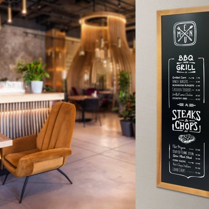 Securit® Long Rubberwood Wall Chalkboard in Teak 56x150 cm Chalkboard Set – Board + Waterproof Markers + Cleaner | Hospitality Trade Pack - hospitality