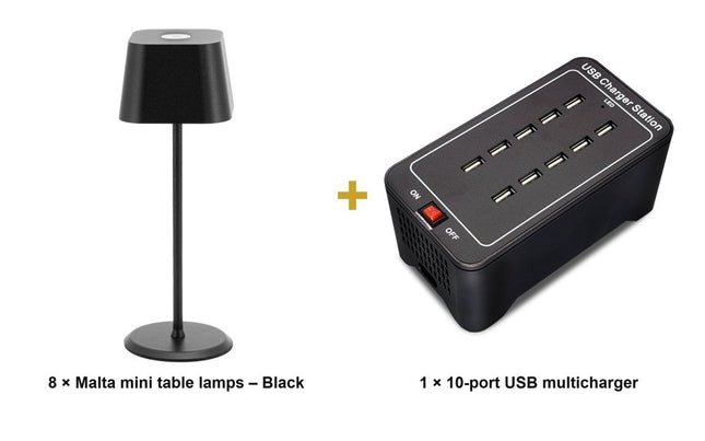 Securit® Malta Table Lamps Black (Pack of 8) + 10-Port Multicharger Lighting Set | Hospitality Trade Pack - hospitality