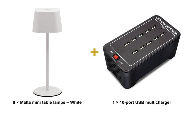 Securit® Malta Table Lamps White (Pack of 8) + 10-Port Multicharger Lighting Set | Hospitality Trade Pack - hospitality