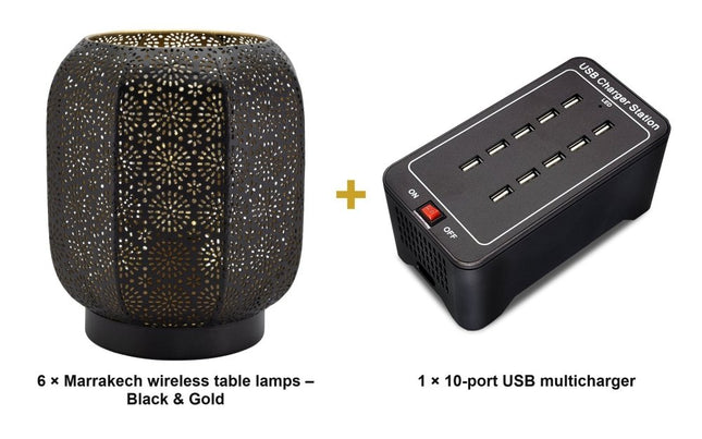 Securit® Marrakech Table Lamps Black & Gold (Pack of 6) + 10-Port Multicharger Lighting Set | Hospitality Trade Pack - hospitality