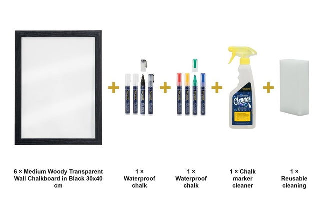 Securit® Medium Woody Transparent Wall Chalkboard in Black 30x40 cm (Pack of 6) Chalkboard Set – Boards + Waterproof Markers + Cleaner | Hospitality Trade Pack - hospitality