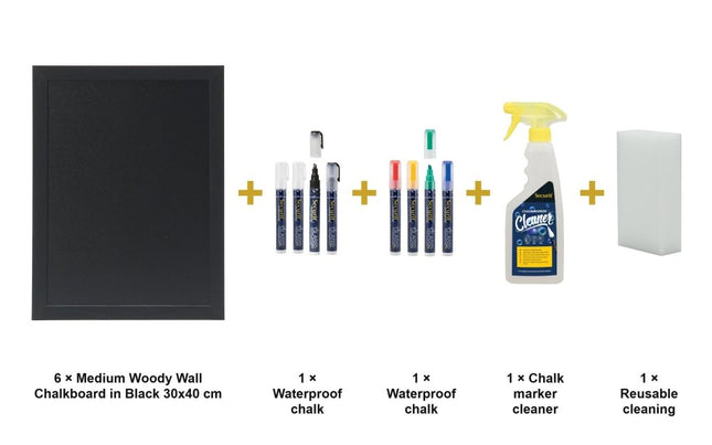 Securit® Medium Woody Wall Chalkboard in Black 30x40 cm (Pack of 6) Chalkboard Set – Boards + Waterproof Markers + Cleaner | Hospitality Trade Pack - hospitality