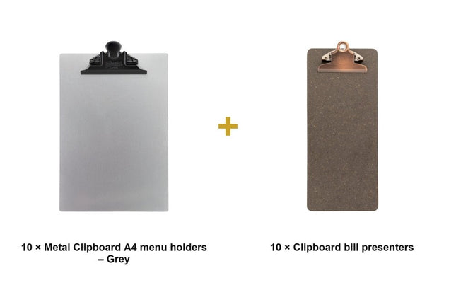 Securit® Metal Clipboard A4 Grey Front-of-House Set – 10 Menu Holders + 10 Bill Presenters | Hospitality Trade Pack - hospitality