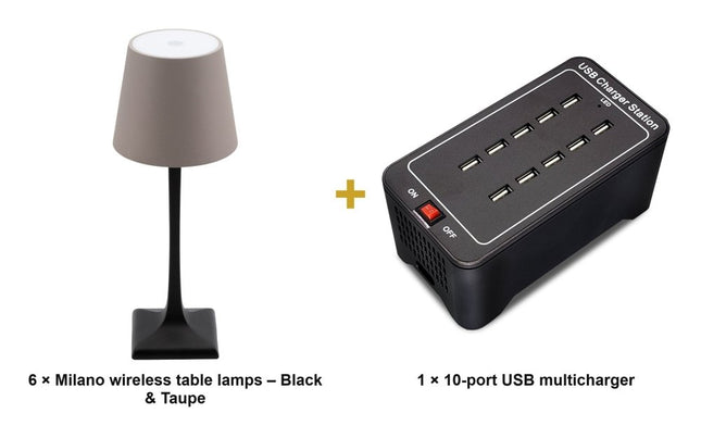 Securit® Milano Table Lamps Black & Taupe (Pack of 6) + 10-Port Multicharger Lighting Set | Hospitality Trade Pack - hospitality