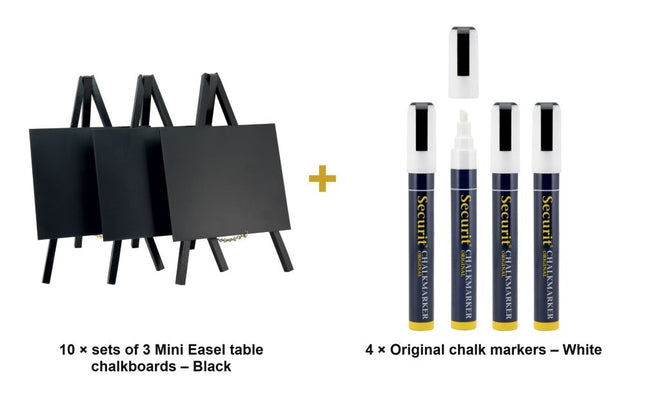 Securit® Mini Easel Black (10 Sets of 3) Table Chalkboard Set – 30 Easels + White Markers | Hospitality Trade Pack - hospitality