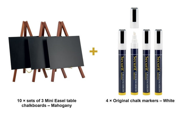 Securit® Mini Easel Mahogany (10 Sets of 3) Table Chalkboard Set – 30 Easels + White Markers | Hospitality Trade Pack - hospitality