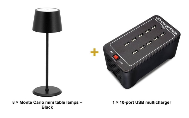 Securit® Monte Carlo Table Lamps Black (Pack of 8) + 10-Port Multicharger Lighting Set | Hospitality Trade Pack - hospitality