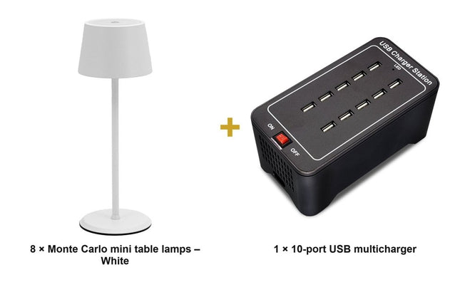 Securit® Monte Carlo Table Lamps White (Pack of 8) + 10-Port Multicharger Lighting Set | Hospitality Trade Pack - hospitality