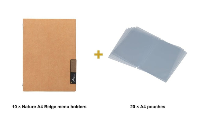 Securit® Nature A4 Beige Menu Set – 10 Menu Holders + 20 Extra Pouches | Hospitality Trade Pack - hospitality