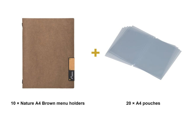 Securit® Nature A4 Brown Menu Set – 10 Menu Holders + 20 Extra Pouches | Hospitality Trade Pack - hospitality
