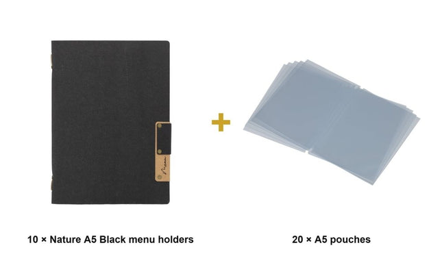 Securit® Nature A5 Black Menu Set – 10 Menu Holders + 20 Extra Pouches | Hospitality Trade Pack - hospitality
