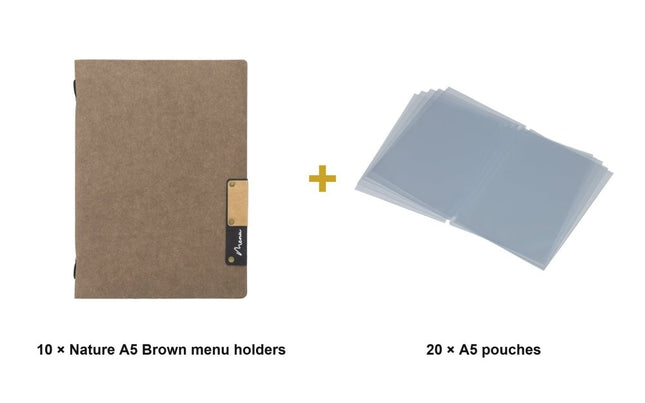 Securit® Nature A5 Brown Menu Set – 10 Menu Holders + 20 Extra Pouches | Hospitality Trade Pack - hospitality