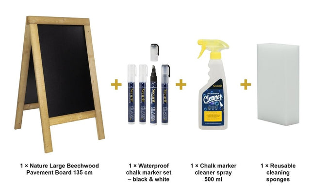 Securit® Nature Large Beechwood Pavement Board 135 cm Chalkboard Set – Board + Waterproof Markers + Cleaner | Hospitality Trade Pack - hospitality