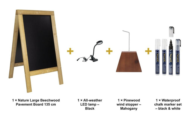 Securit® Nature Large Beechwood Pavement Board 135 cm Lit Pavement Sign Set – Board + LED Lamp + Wind Stopper + Markers | Hospitality Trade Pack - hospitality