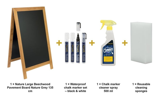 Securit® Nature Large Beechwood Pavement Board Nature Grey 135 cm Chalkboard Set – Board + Waterproof Markers + Cleaner | Hospitality Trade Pack - hospitality