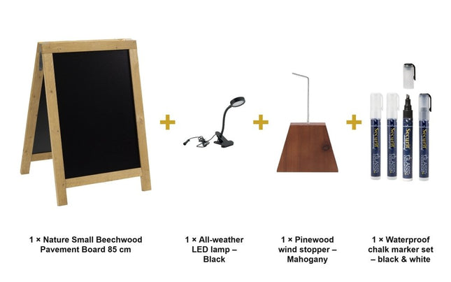 Securit® Nature Small Beechwood Pavement Board 85 cm Lit Pavement Sign Set – Board + LED Lamp + Wind Stopper + Markers | Hospitality Trade Pack - hospitality