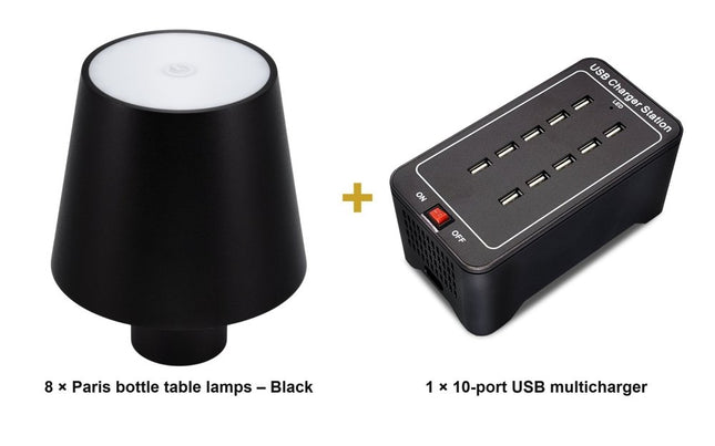 Securit® Paris Table Lamps Black (Pack of 8) + 10-Port Multicharger Lighting Set | Hospitality Trade Pack - hospitality