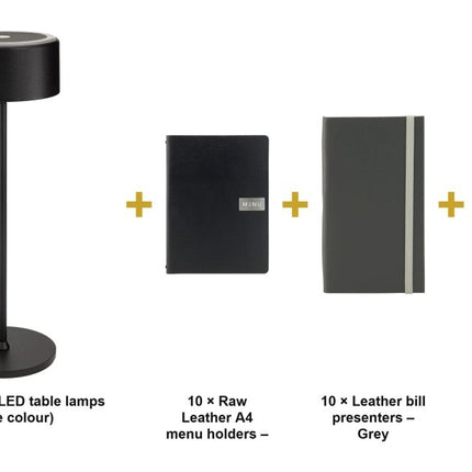 Securit® Raw Leather Black Ready Table Set for 10 Tables – Lamps + Menu Holders + Bill Presenters + Table Numbers | Hospitality Trade Pack - hospitality