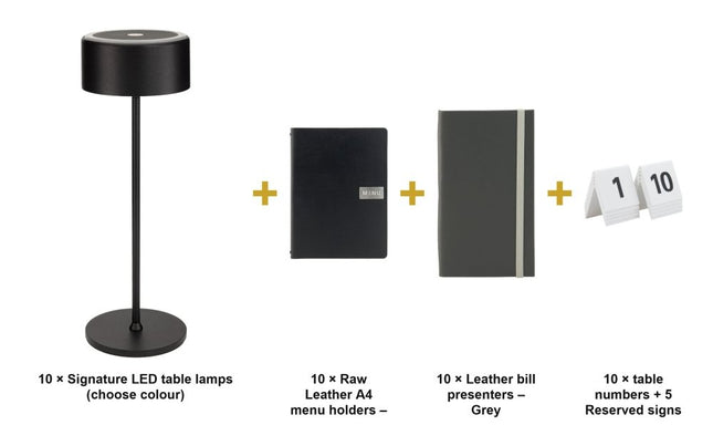 Securit® Raw Leather Black Ready Table Set for 10 Tables – Lamps + Menu Holders + Bill Presenters + Table Numbers | Hospitality Trade Pack - hospitality