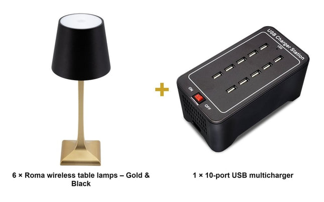 Securit® Roma Table Lamps Gold & Black (Pack of 6) + 10-Port Multicharger Lighting Set | Hospitality Trade Pack - hospitality