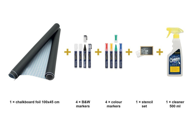 Securit® Self-Adhesive Foil + Waterproof Markers + Stencils + Cleaner Chalk Wall Kit | Hospitality Trade Pack - hospitality