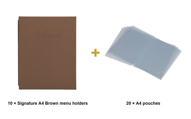 Securit® Signature A4 Brown Menu Set – 10 Menu Holders + 20 Extra Pouches | Hospitality Trade Pack - hospitality