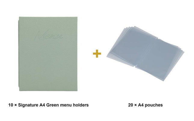 Securit® Signature A4 Green Menu Set – 10 Menu Holders + 20 Extra Pouches | Hospitality Trade Pack - hospitality