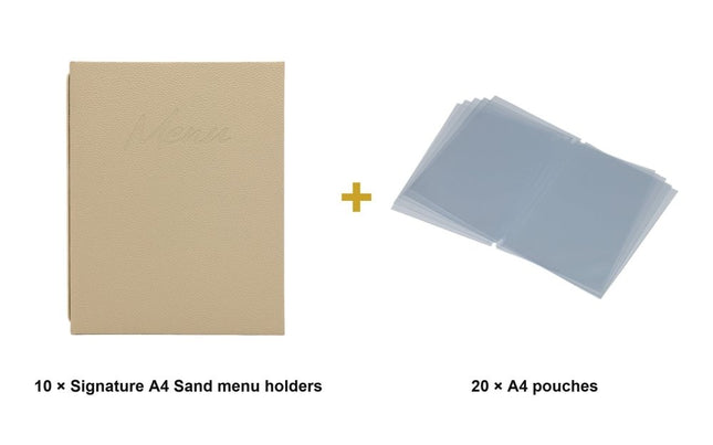 Securit® Signature A4 Sand Menu Set – 10 Menu Holders + 20 Extra Pouches | Hospitality Trade Pack - hospitality