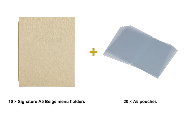Securit® Signature A5 Beige Menu Set – 10 Menu Holders + 20 Extra Pouches | Hospitality Trade Pack - hospitality