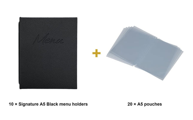 Securit® Signature A5 Black Menu Set – 10 Menu Holders + 20 Extra Pouches | Hospitality Trade Pack - hospitality