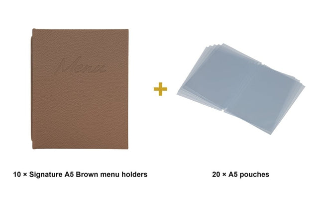 Securit® Signature A5 Brown Menu Set – 10 Menu Holders + 20 Extra Pouches | Hospitality Trade Pack - hospitality