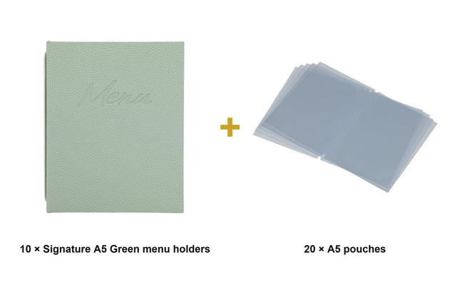 Securit® Signature A5 Green Menu Set – 10 Menu Holders + 20 Extra Pouches | Hospitality Trade Pack - hospitality
