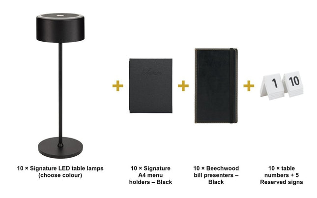 Securit® Signature Black Ready Table Set for 10 Tables – Lamps + Menu Holders + Bill Presenters + Table Numbers | Hospitality Trade Pack - hospitality