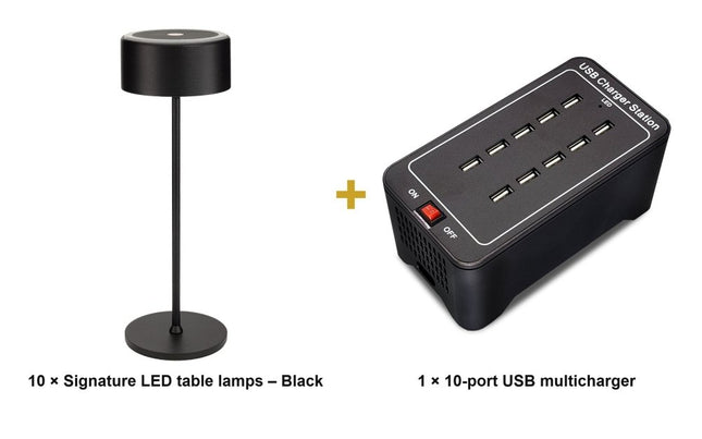 Securit® Signature Table Lamps Black (Pack of 10) + 10-Port Multicharger Lighting Set | Hospitality Trade Pack - hospitality