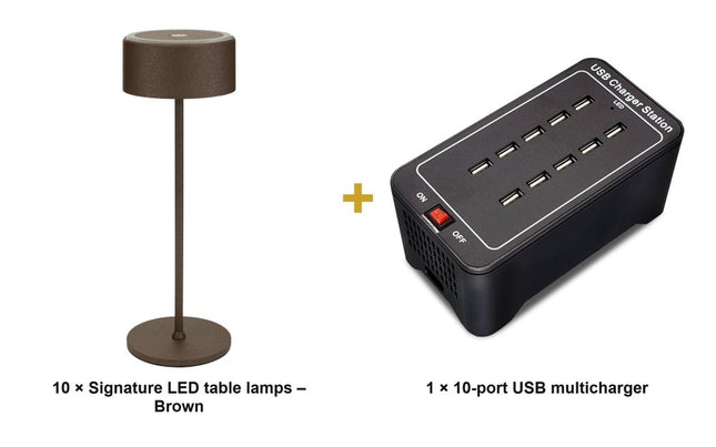 Securit® Signature Table Lamps Brown (Pack of 10) + 10-Port Multicharger Lighting Set | Hospitality Trade Pack - hospitality