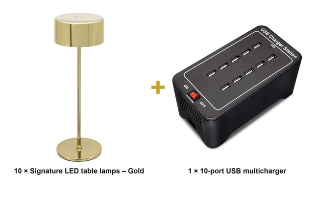 Securit® Signature Table Lamps Gold (Pack of 10) + 10-Port Multicharger Lighting Set | Hospitality Trade Pack - hospitality