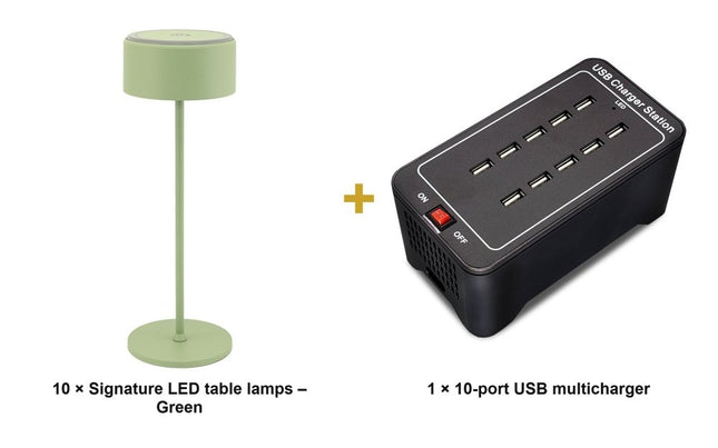 Securit® Signature Table Lamps Green (Pack of 10) + 10-Port Multicharger Lighting Set | Hospitality Trade Pack - hospitality