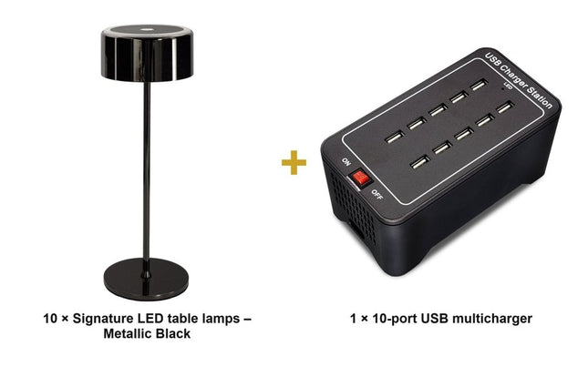 Securit® Signature Table Lamps Metallic Black (Pack of 10) + 10-Port Multicharger Lighting Set | Hospitality Trade Pack - hospitality
