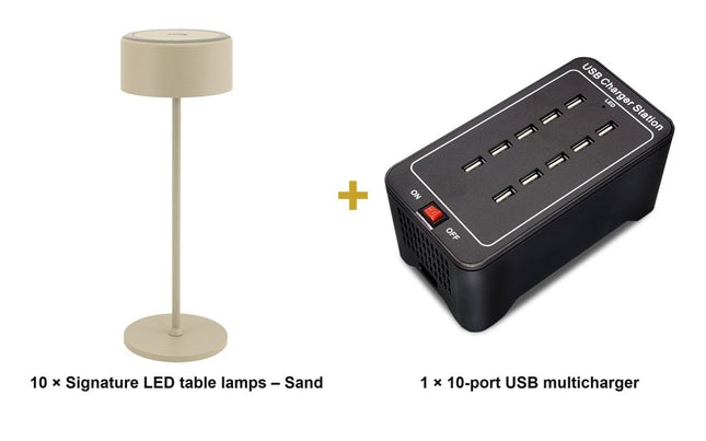 Securit® Signature Table Lamps Sand (Pack of 10) + 10-Port Multicharger Lighting Set | Hospitality Trade Pack - hospitality
