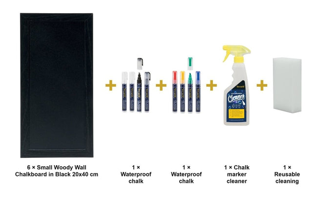 Securit® Small Woody Wall Chalkboard in Black 20x40 cm (Pack of 6) Chalkboard Set – Boards + Waterproof Markers + Cleaner | Hospitality Trade Pack - hospitality