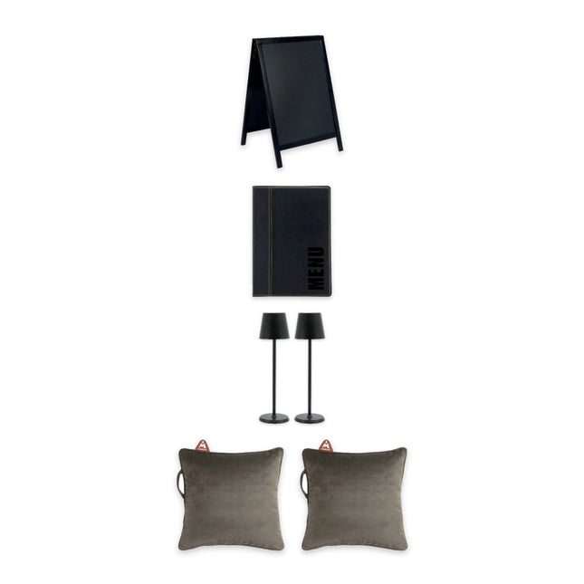 Securit 'Street Front' Street Terrace Front-of-House Set – Pavement Chalkboard, 10 A5 Menu Holders, 12 Wireless Table Lamps and 10 Heat Pad Cushions | Hospitality Trade Pack - CWDH