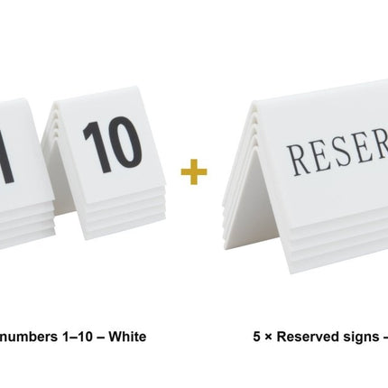 Securit® Tables 1–10 + 5 Reserved Signs Table Number Set – White Acrylic | Hospitality Trade Pack - hospitality