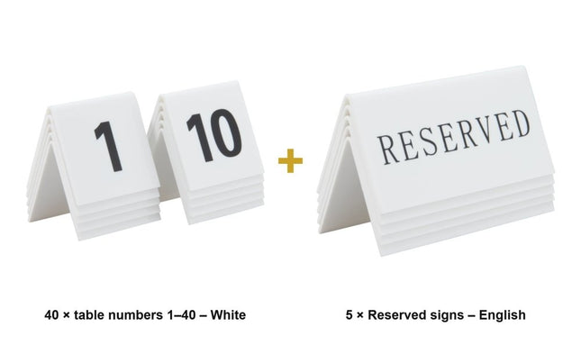 Securit® Tables 1–40 + 5 Reserved Signs Table Number Set – White Acrylic | Hospitality Trade Pack - hospitality