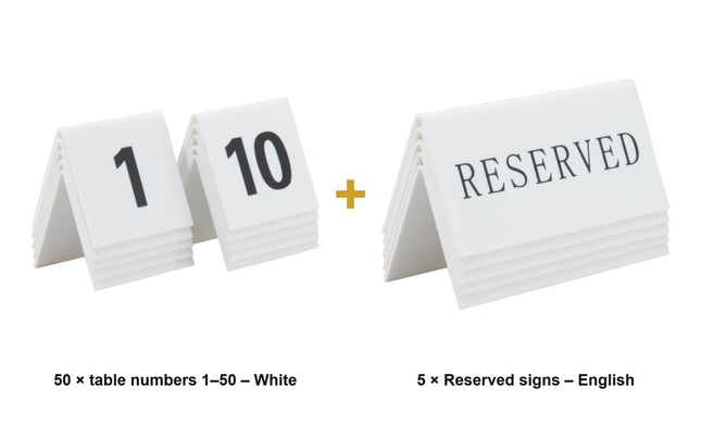 Securit® Tables 1–50 + 5 Reserved Signs Table Number Set – White Acrylic | Hospitality Trade Pack - hospitality